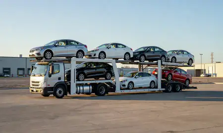 Car transporter loaded with vehicles in McCook, Nebraska, United States