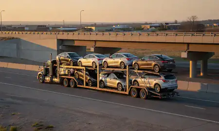 Car transporter with the McCook, Nebraska, United States skyline behind it