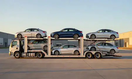 Car transporter parked in an industrial area of Nebraska City, Nebraska, United States