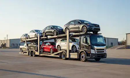 Car transporter loaded with vehicles in Nebraska City, Nebraska, United States