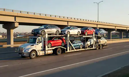 Car transporter with the Nebraska City, Nebraska, United States skyline behind it