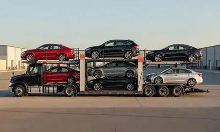 Car transporter parked in an industrial area of Norfolk, Nebraska, United States