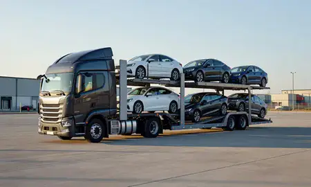 Car transporter loaded with vehicles in Norfolk, Nebraska, United States