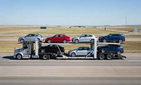 Multi-level car carrier on the highway to North Platte, Nebraska, United States