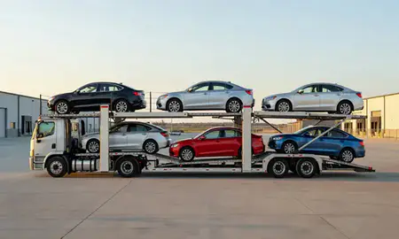 Car transporter parked in an industrial area of North Platte, Nebraska, United States
