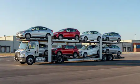 Car transporter loaded with vehicles in North Platte, Nebraska, United States
