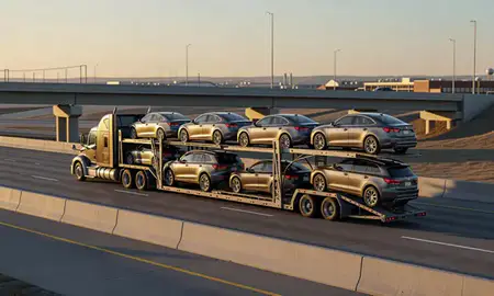 Car transporter with the North Platte, Nebraska, United States skyline behind it