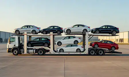 Car transporter parked in an industrial area of Omaha, Nebraska, United States