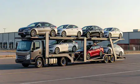 Car transporter loaded with vehicles in Omaha, Nebraska, United States