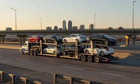 Car transporter with the Omaha, Nebraska, United States skyline behind it