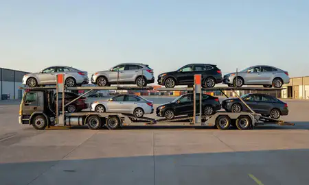 Car transporter parked in an industrial area of Papillion, Nebraska, United States