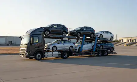 Car transporter loaded with vehicles in Papillion, Nebraska, United States