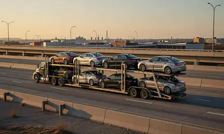 Car transporter with the Papillion, Nebraska, United States skyline behind it