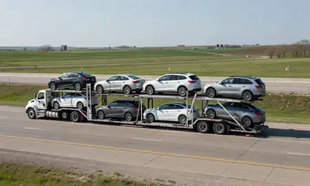 Multi-level car carrier on the highway to Plattsmouth, Nebraska, United States