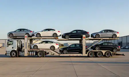 Car transporter parked in an industrial area of Plattsmouth, Nebraska, United States
