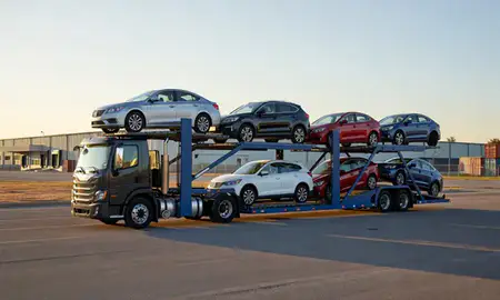 Car transporter loaded with vehicles in Plattsmouth, Nebraska, United States