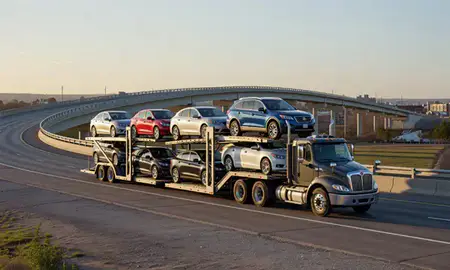Car transporter with the Plattsmouth, Nebraska, United States skyline behind it