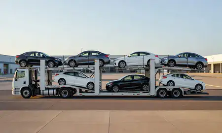 Car transporter parked in an industrial area of Ralston, Nebraska, United States