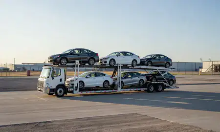 Car transporter loaded with vehicles in Ralston, Nebraska, United States
