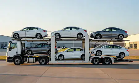 Car transporter parked in an industrial area of Schuyler, Nebraska, United States