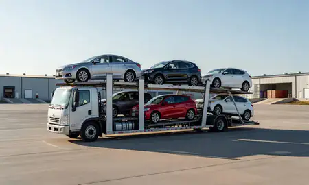 Car transporter loaded with vehicles in Schuyler, Nebraska, United States