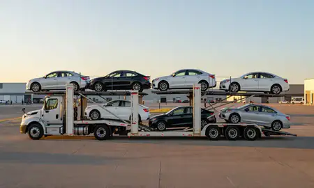 Car transporter parked in an industrial area of Scottsbluff, Nebraska, United States