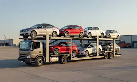 Car transporter loaded with vehicles in Scottsbluff, Nebraska, United States