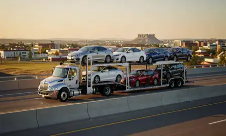 Car transporter with the Scottsbluff, Nebraska, United States skyline behind it