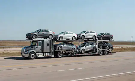 Multi-level car carrier on the highway to Seward, Nebraska, United States