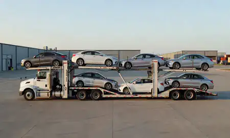 Car transporter parked in an industrial area of Seward, Nebraska, United States