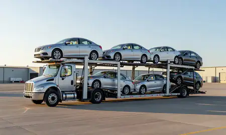 Car transporter loaded with vehicles in Seward, Nebraska, United States