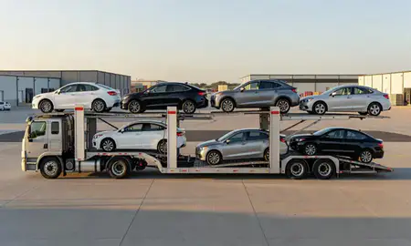 Car transporter parked in an industrial area of Sidney, Nebraska, United States