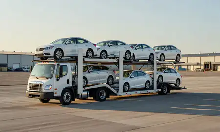 Car transporter loaded with vehicles in Sidney, Nebraska, United States