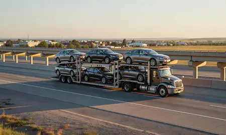 Car transporter with the Sidney, Nebraska, United States skyline behind it