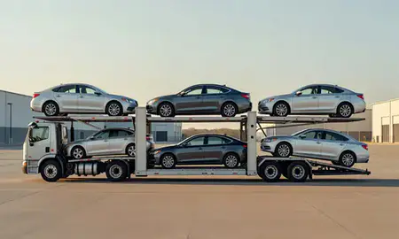 Car transporter parked in an industrial area of South Sioux City, Nebraska, United States