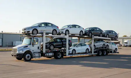 Car transporter loaded with vehicles in South Sioux City, Nebraska, United States