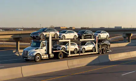 Car transporter with the South Sioux City, Nebraska, United States skyline behind it