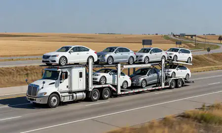 Multi-level car carrier on the highway to York, Nebraska, United States