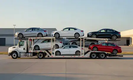 Car transporter parked in an industrial area of York, Nebraska, United States