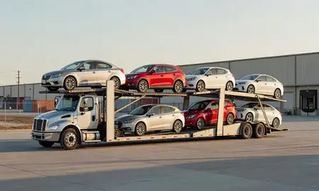Car transporter loaded with vehicles in York, Nebraska, United States