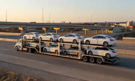 Car transporter with the York, Nebraska, United States skyline behind it