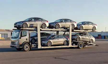 Car transporter loaded with vehicles in Nevada, United States