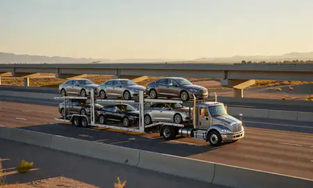 Car transporter with the Nevada, United States skyline behind it
