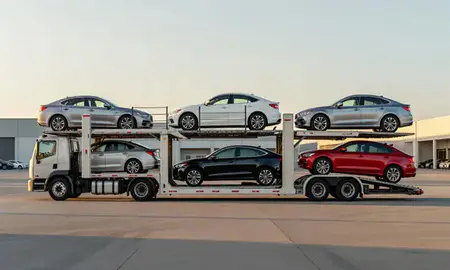 Car transporter parked in an industrial area of Boulder City, Nevada, United States