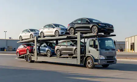 Car transporter loaded with vehicles in Boulder City, Nevada, United States