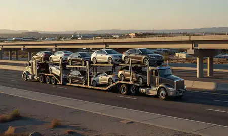 Car transporter with the Boulder City, Nevada, United States skyline behind it
