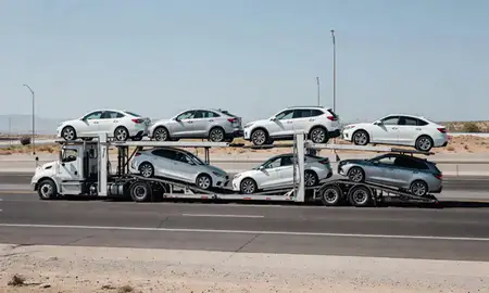 Multi-level car carrier on the highway to Carson City, Nevada, United States