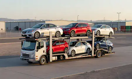 Car transporter loaded with vehicles in Carson City, Nevada, United States