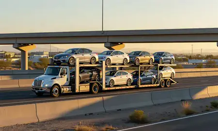 Car transporter with the Carson City, Nevada, United States skyline behind it