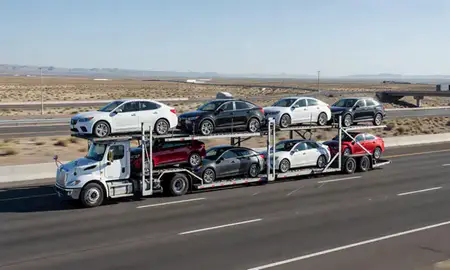 Multi-level car carrier on the highway to Cold Springs, Nevada, United States